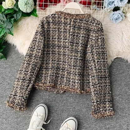 Cropped Tweed Jacket | Gold Button Accents | Classic Elegance | Sophisticated Layering