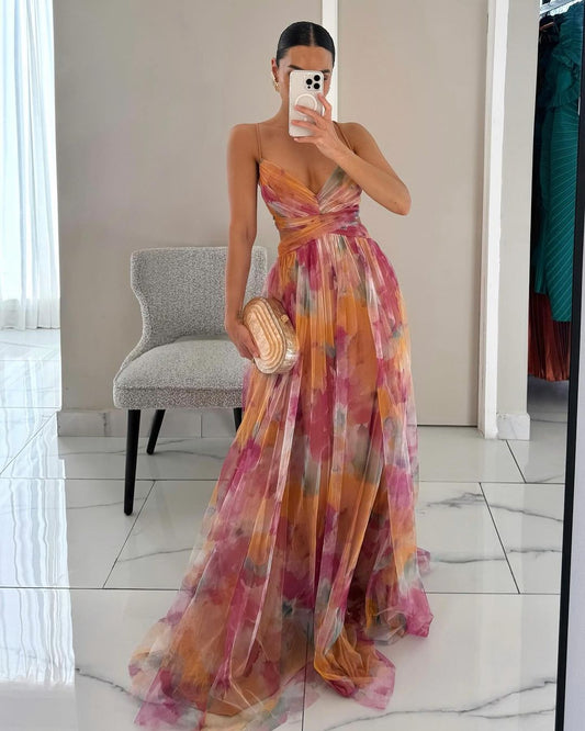 Backless Chiffon Gown | Watercolour Print Maxi Dress | Tie-Back Evening Silhouette