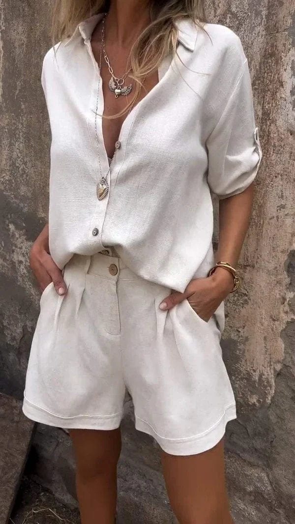 Relaxed Linen Button-Up Set | Short Sleeve Collared Top & Pleated Pants | Warm-Weather Essential