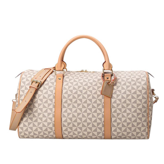 Designer-Inspired Weekender Travel Bag | Geometric Pattern Duffel | Leather Trim Carryall