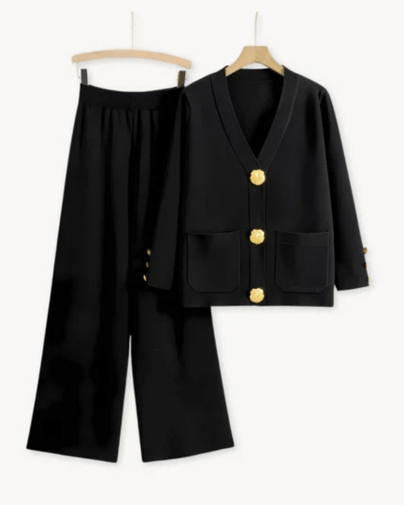 Gold Button Pant Set | Wide-Leg Trousers and Longline Cardigan Blazer