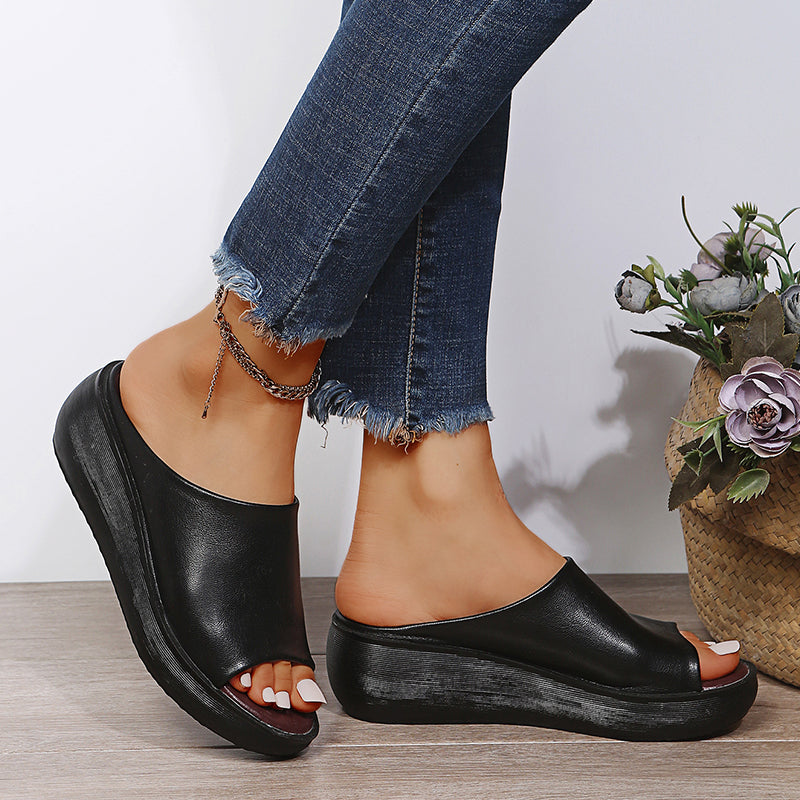 Minimalist Open-Toe Slides | Faux Leather Slip-On | Cushioned Flat Sole