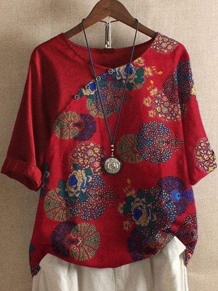 Asymmetric Floral Patchwork Tee | Relaxed Fit Linen Blend | Boho-Inspired Casual Top