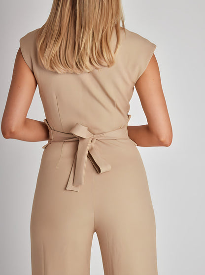 Sleeveless Jumpsuit | Belted Wide-Leg Tailored One-Piece | Chic Formal Daywear