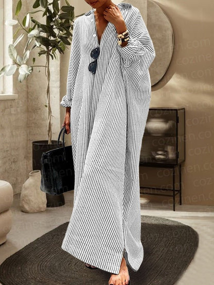 Relaxed Kaftan Maxi Dress | Striped Pattern | Loose Fit with Side Slit