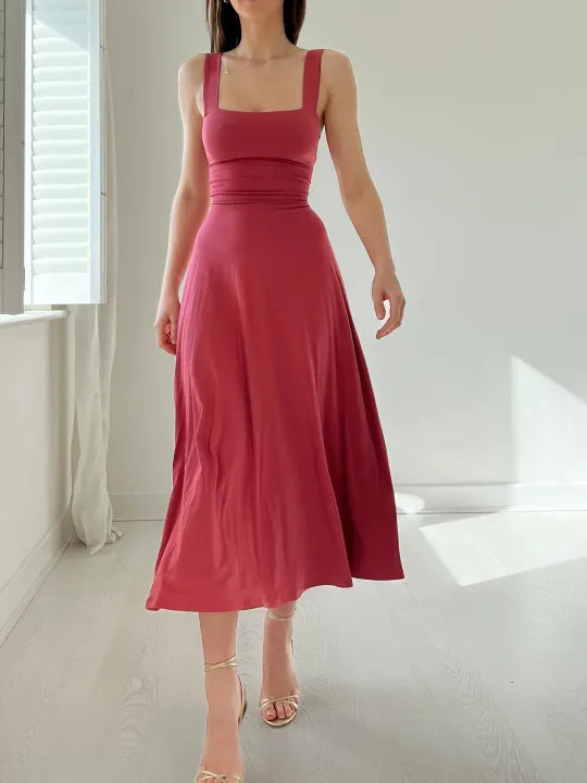 Square Neck Sleeveless Midi Dress | Fitted Bodice Flared Hem | Elegant Summer Occasion Look