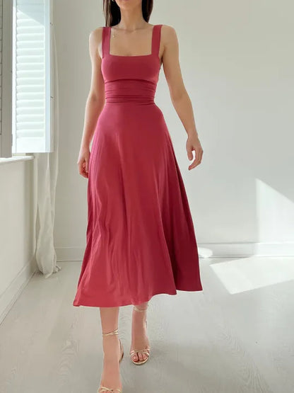 Square Neck Sleeveless Midi Dress | Fitted Bodice Flared Hem | Elegant Summer Occasion Look