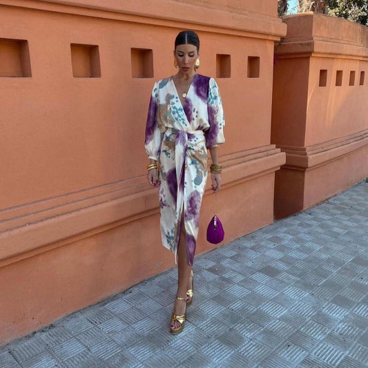 Satin Wrap Midi Dress | Watercolour Print with Waist Tie | Elegant Evening Look
