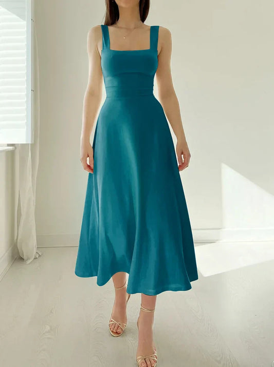 Square Neck Sleeveless Midi Dress | Fitted Bodice Flared Hem | Elegant Summer Occasion Look