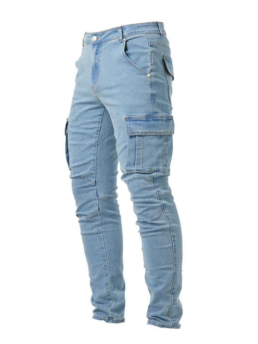 Men’s Denim Cargo Jeans | Utility Streetwear Pants | Tapered Fit
