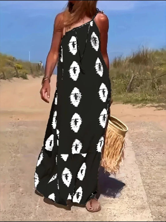 One-Shoulder Maxi Dress | Abstract Ikat Print & Relaxed Fit | Summer Resort Style