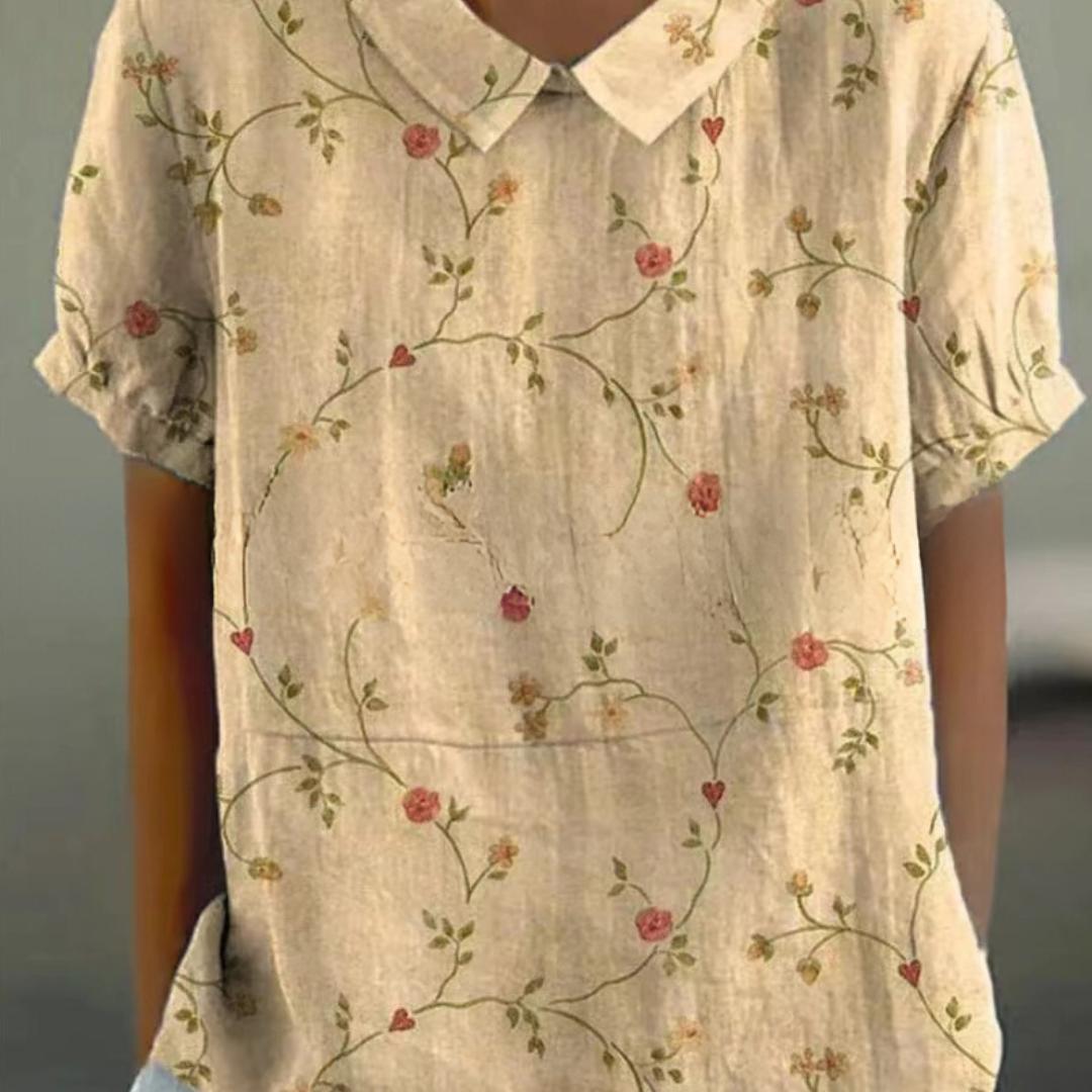 Floral Print Blouse with Peter Pan Collar | Lightweight Cotton Blend | Short Sleeve