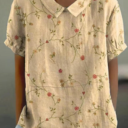 Floral Print Blouse with Peter Pan Collar | Lightweight Cotton Blend | Short Sleeve