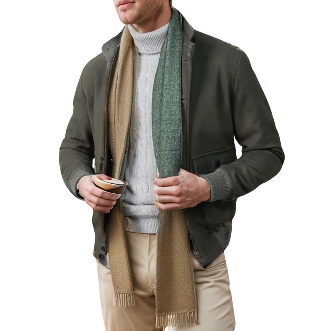 Men’s Wool-Blend Bomber Jacket | Stand Collar | Button-Up Fall Layer