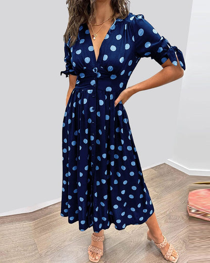 Polka Dot Wrap Midi Dress | V-Neck | Flowy Belted Fit