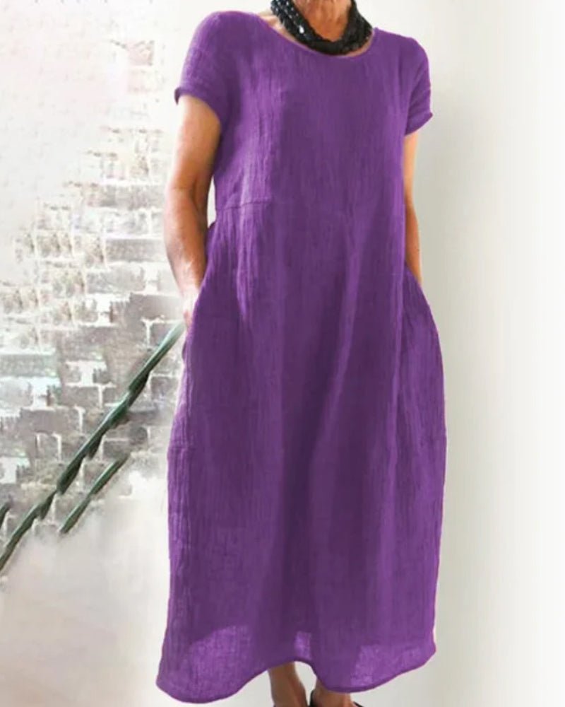 Short Sleeve Linen Midi Dress | Relaxed Fit Summer Essential with Pockets