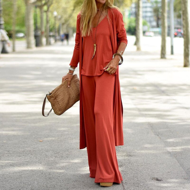 Women's 3-Piece Lounge Set | Long Duster Cardigan | Relaxed Wide-Leg Pants Outfit