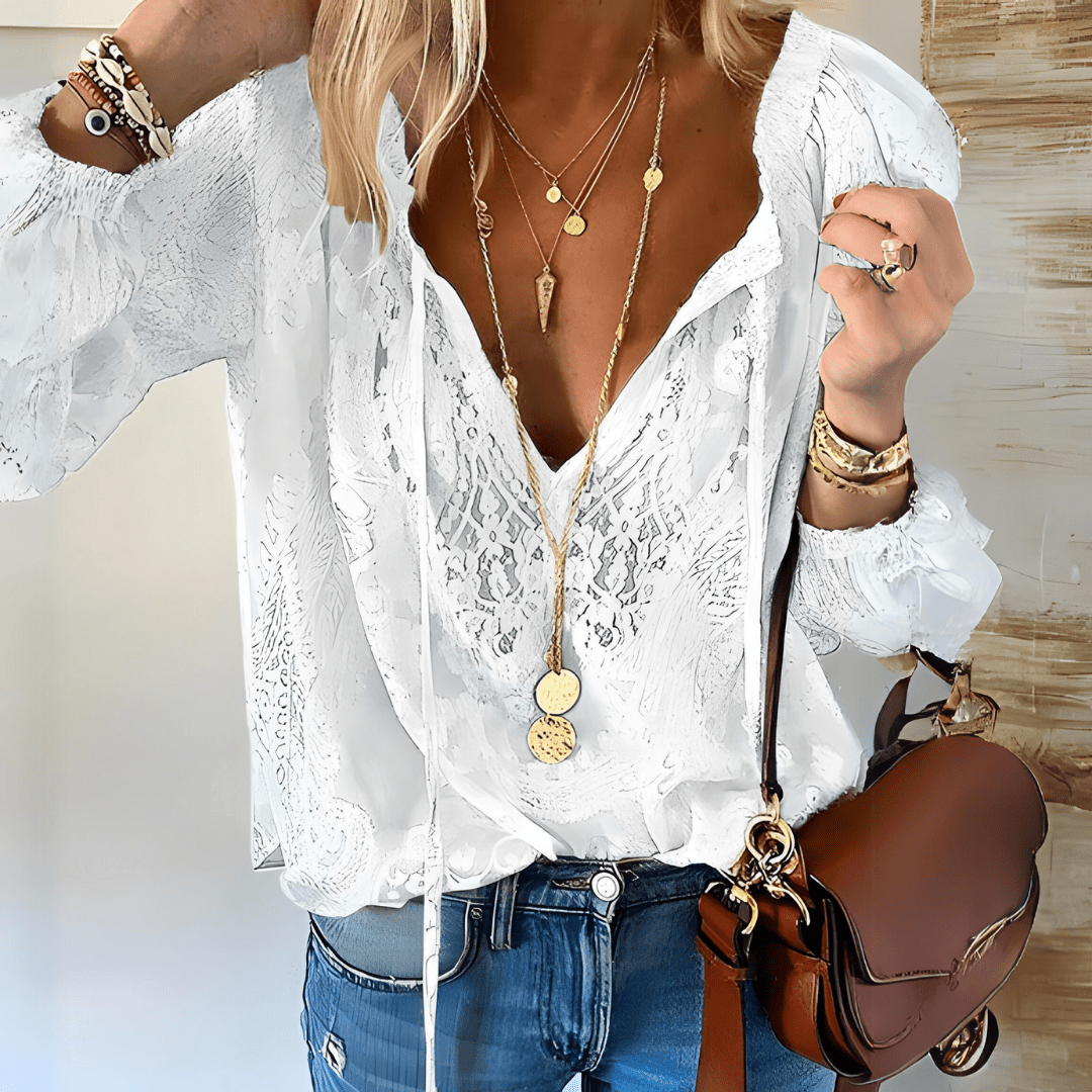 Lace Embroidered Peasant Blouse | Lightweight Cotton Blend | Boho-Inspired V-Neck