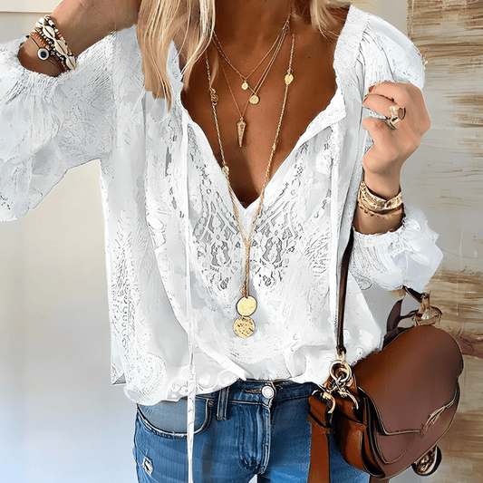 Lace Embroidered Peasant Blouse | Lightweight Cotton Blend | Boho-Inspired V-Neck