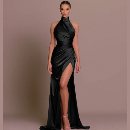 Satin Halter Neck Gown | Ruched Wrap Skirt | High Slit Evening Dress