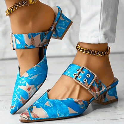 Pointed Buckle Strap Shoes | Bold Block Heel with Vibrant Floral Print
