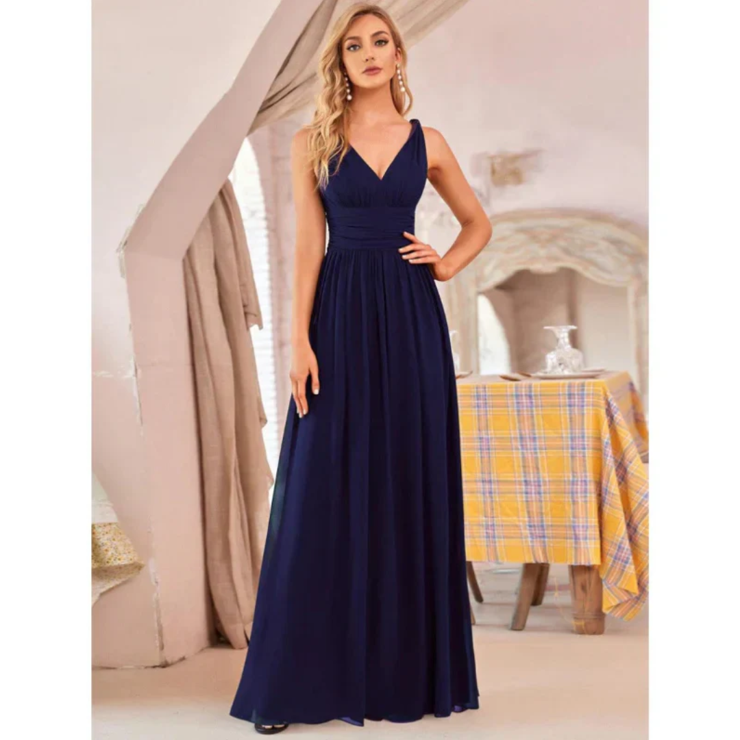 Sleeveless Pleated Chiffon Gown | V-Neck Formal Maxi Dress | Ruched Waist Detail