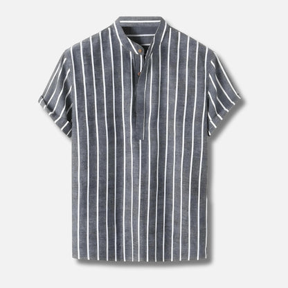 Striped Popover Shirt | Short Sleeve | Band Collar Lightweight Top