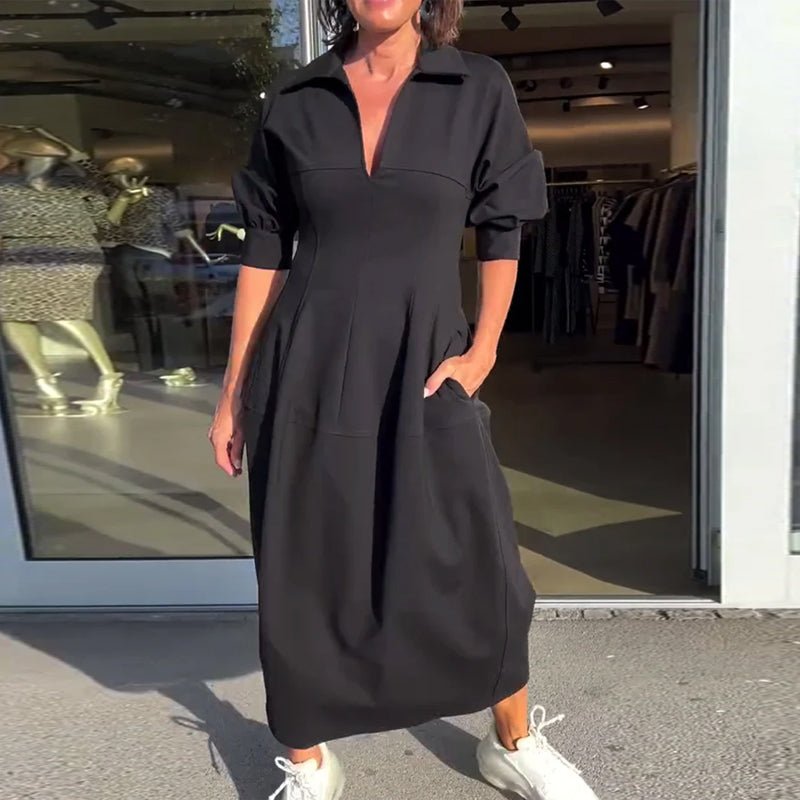 Collared Midi Dress | Relaxed Fit with Pockets and V-Neckline