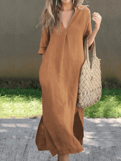 V-Neck Linen Midi Dress | Relaxed Fit | Side Slit Detail