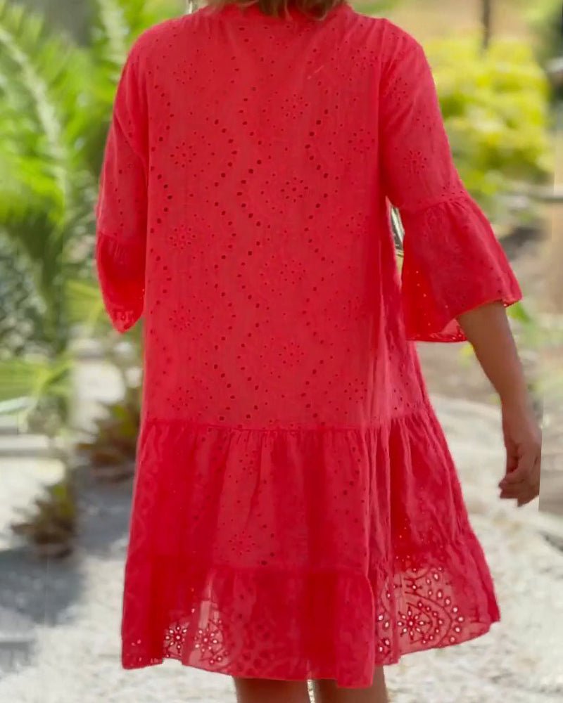 Eyelet Tiered Dress | Button-Front Detail | Loose Flowy Silhouette