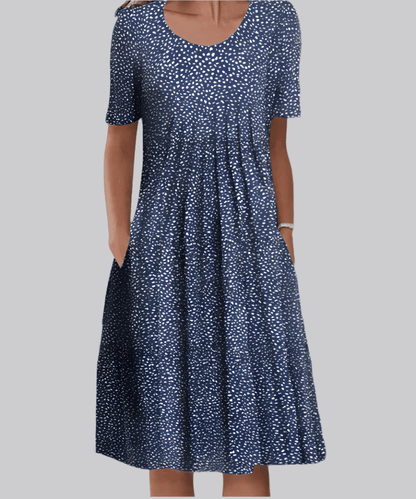 Floral Pleated Midi Dress | Short Sleeve | Scoop Neck with Pockets