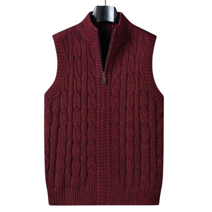 Men’s Cable Knit Sweater Vest | Full-Zip Front | Soft Wool Blend Layer