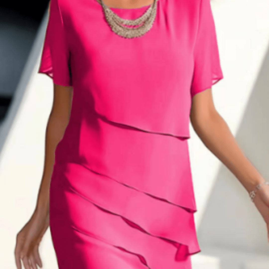 Layered Chiffon Sheath Dress | Short Sleeve | Elegant Draped Overlay