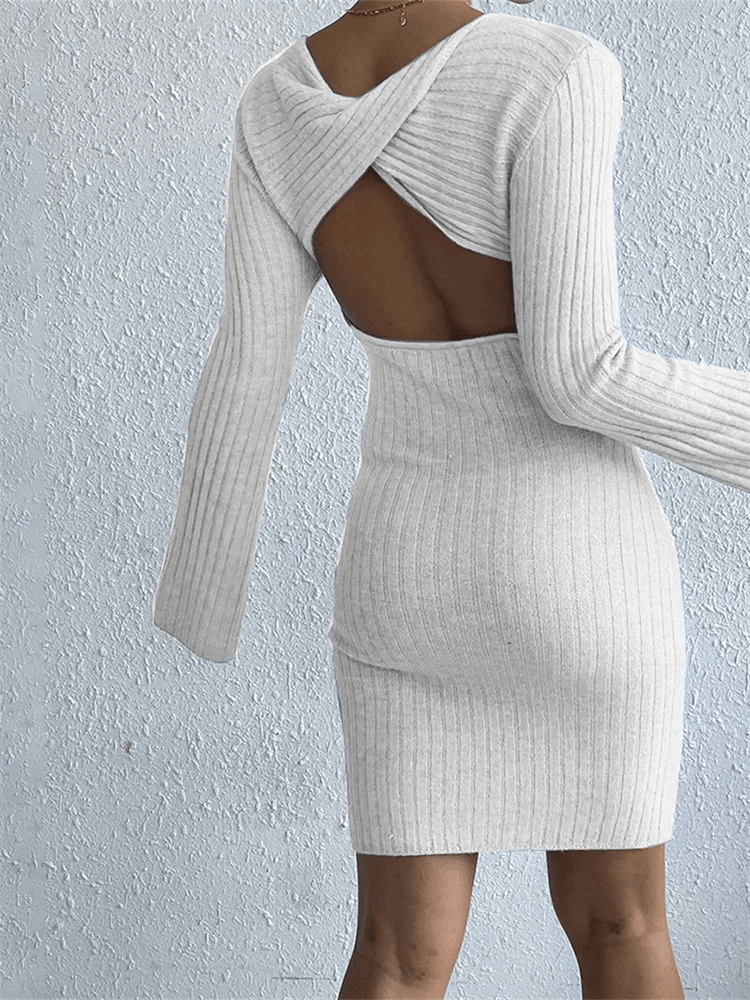 Ribbed Knit Mini Dress | Open Back Detail | Flared Sleeves | Elegant Stretch Fit
