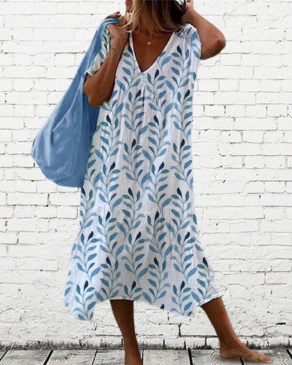 V-Neck Leaf Print Midi Dress | Flowy Fit | Lightweight Cotton Blend
