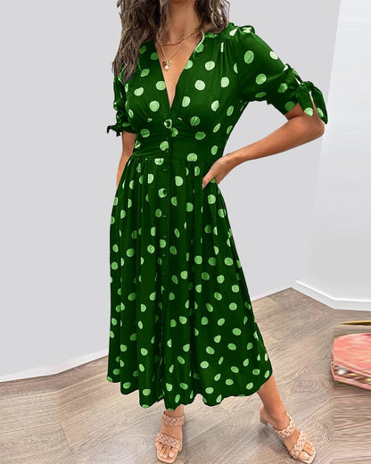 Polka Dot Wrap Midi Dress | V-Neck | Flowy Belted Fit