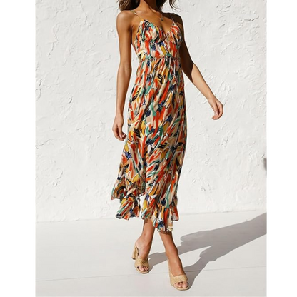 Tropical Print Midi Dress | Lightweight Ruffle Hem | Adjustable Straps