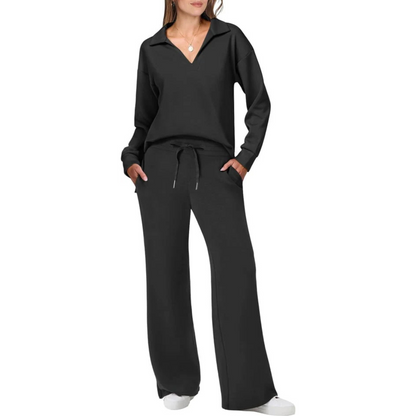 Relaxed Loungewear Set | Collared Pullover & Drawstring Pants | Soft Stretch Knit