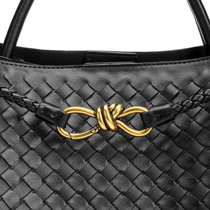 Woven Leather-Look Tote Bag | Gold Knot Detail | Structured Everyday Handbag