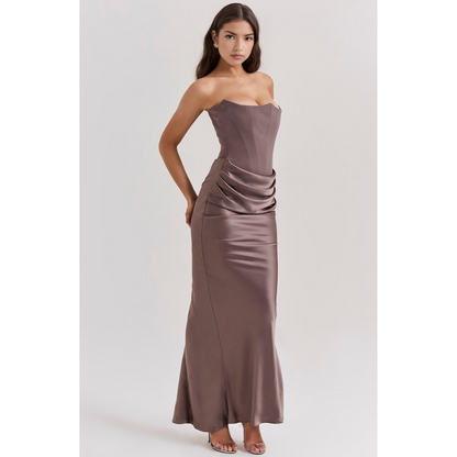 Strapless Satin Gown | Corset Bodice & Draped Skirt | Formal Evening Dress