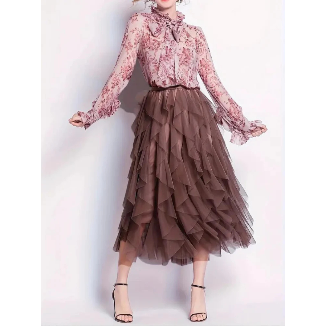 Ruffled Tulle Midi Skirt | Layered Mesh Volume | Asymmetrical Hem
