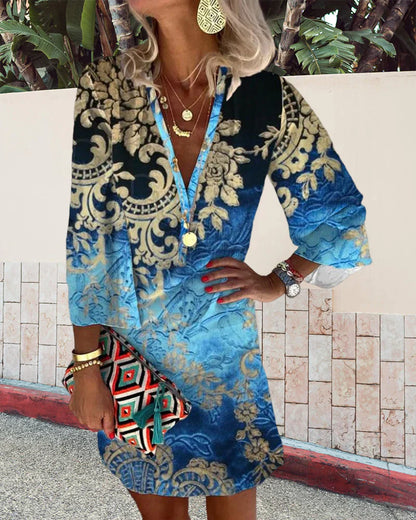 Women's Printed Tunic Dress | 3/4 Sleeve V-Neck | Casual Beach Cover-Up Dress
