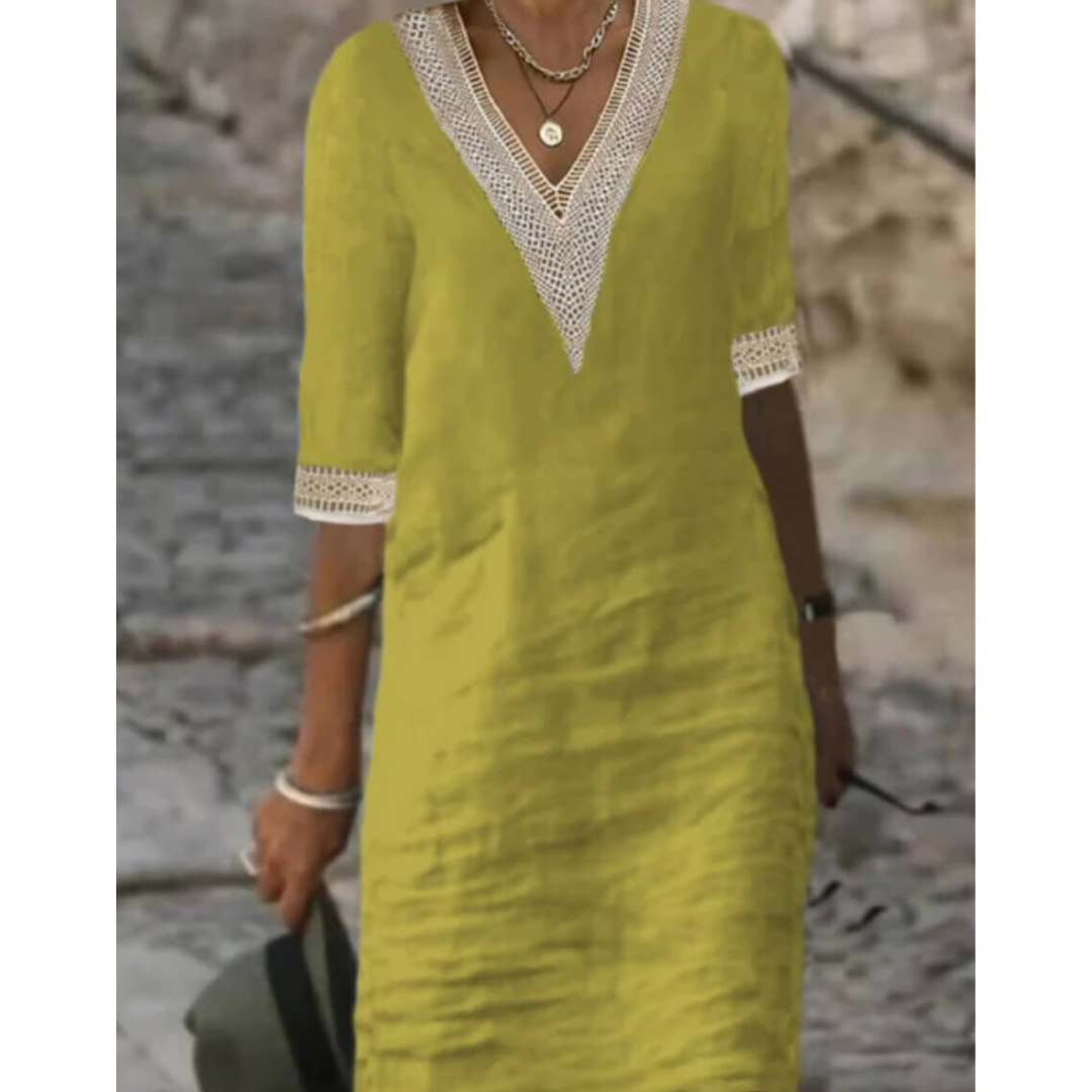 Linen Shift Dress | Embroidered V-Neck & Sleeves | Relaxed Knee-Length Fit