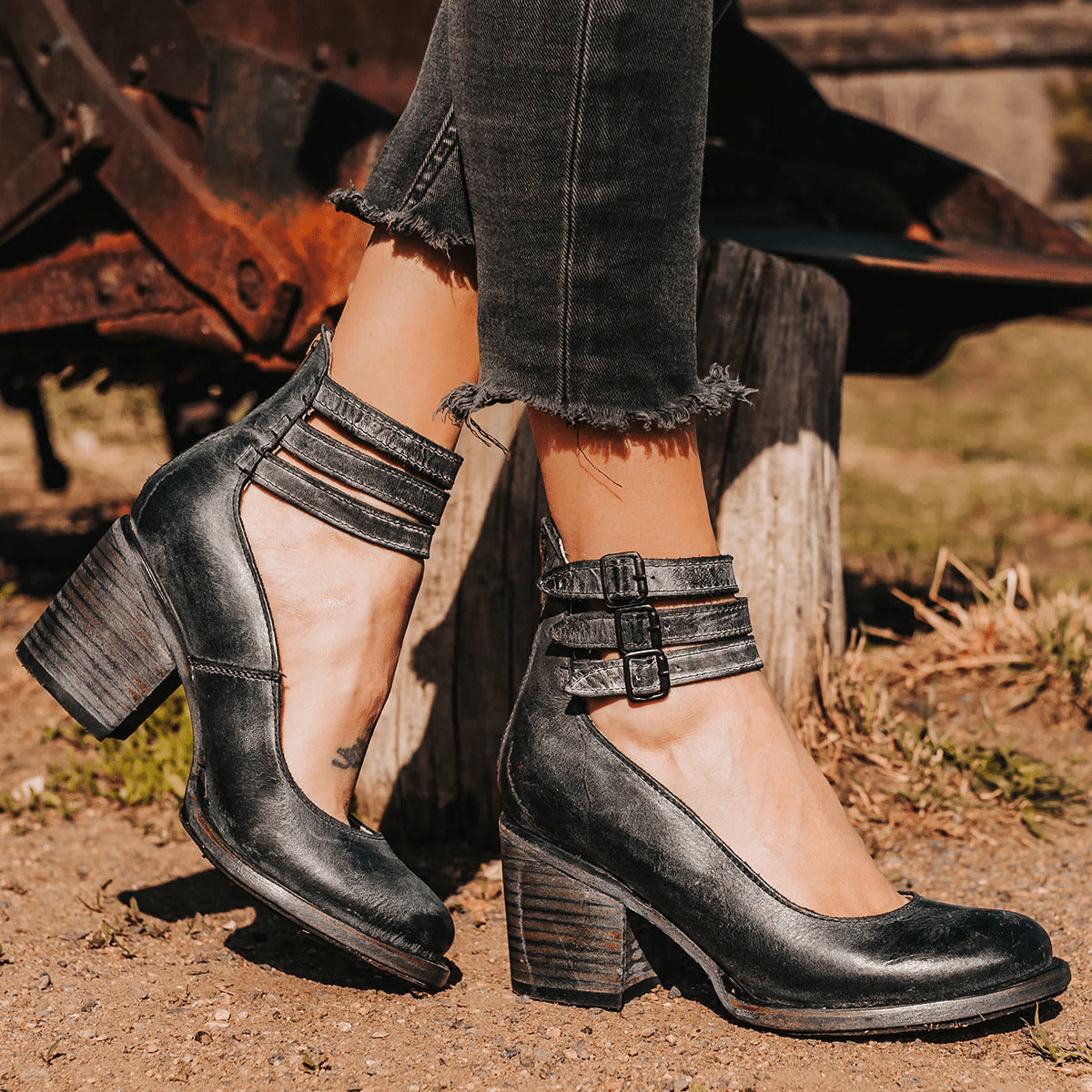 Vintage Block Heel Sandals | Triple-Strap Ankle Buckle with Stacked Heel