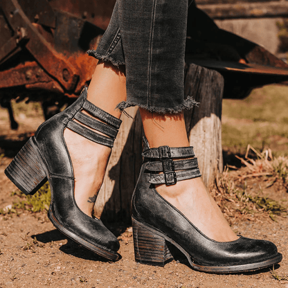 Vintage Block Heel Sandals | Triple-Strap Ankle Buckle with Stacked Heel