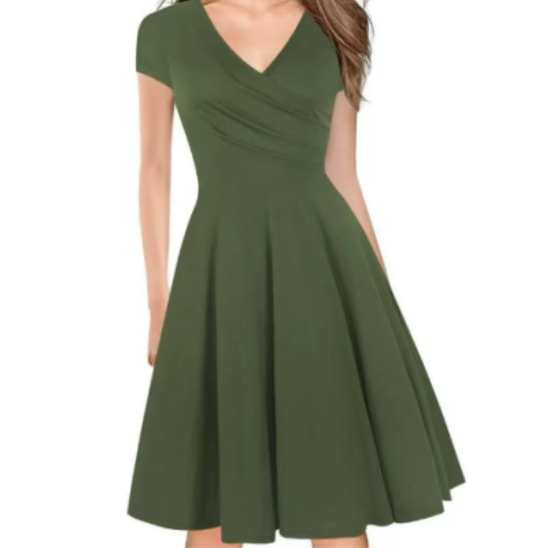 Fit and Flare Midi Dress | V-Neck Short Sleeve Swing Dress | Classic Daywear Style