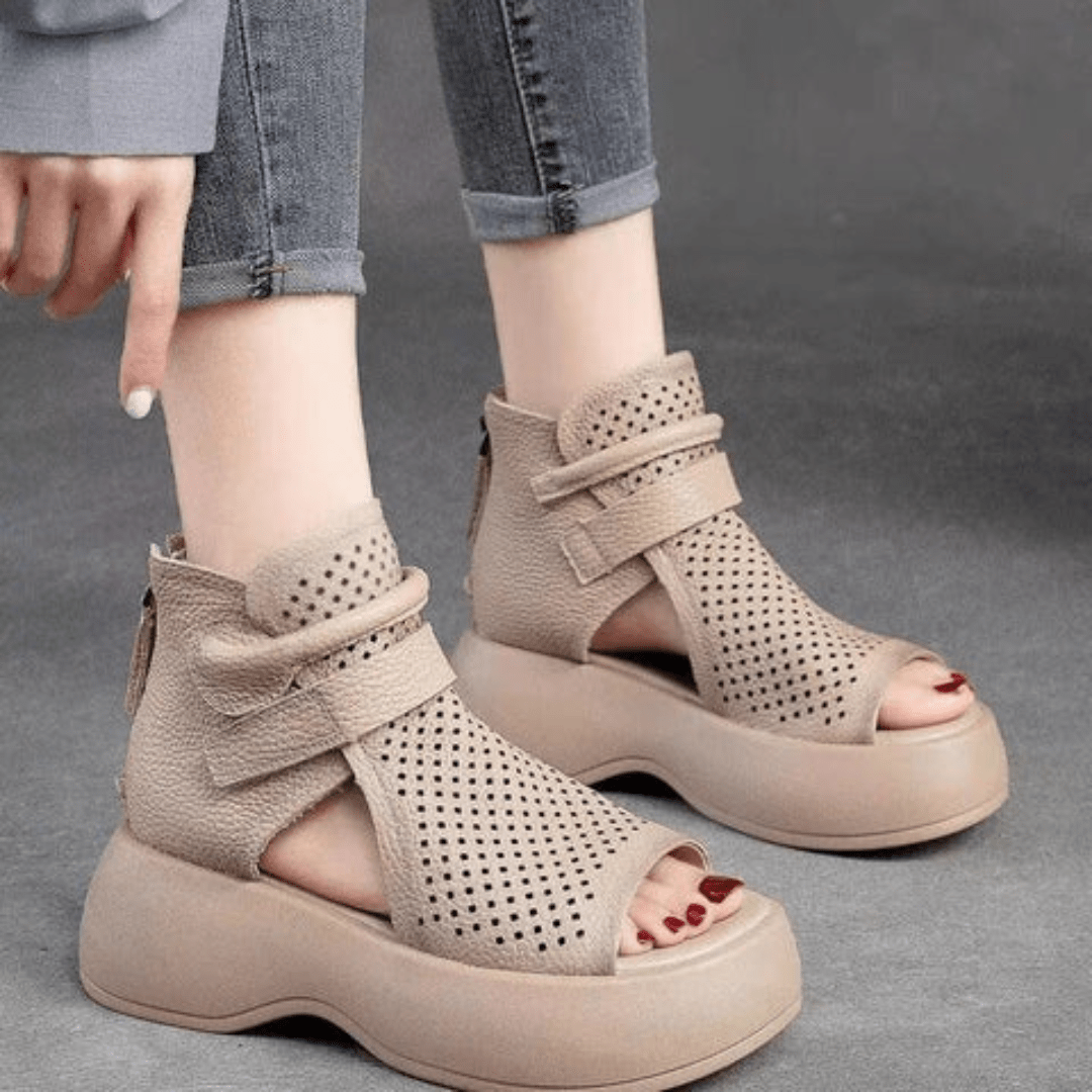 Perforated Leather Platform Sandals | Supportive Sole with Zip Closure