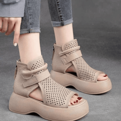 Perforated Leather Platform Sandals | Supportive Sole with Zip Closure