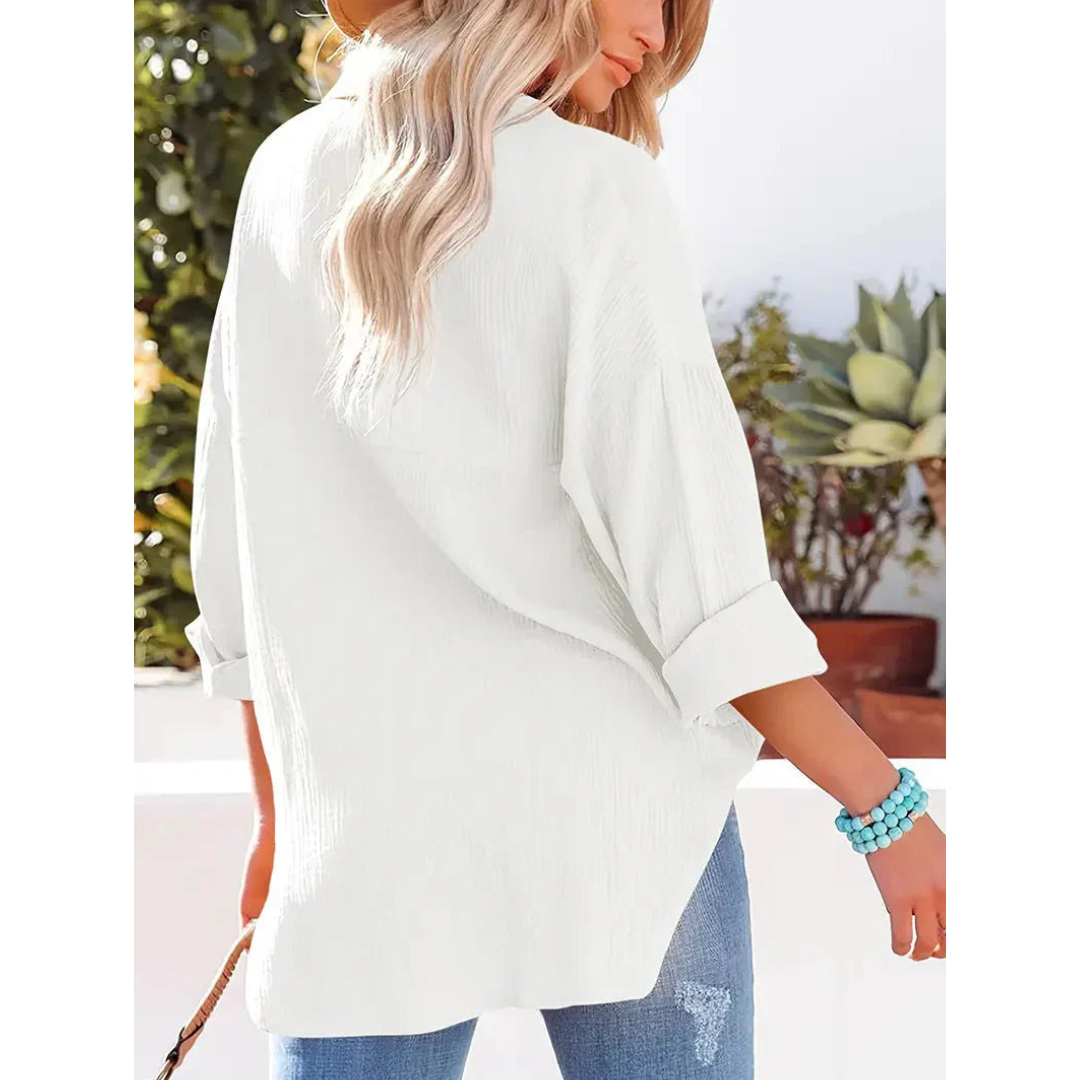 Textured Button-Up Shirt | Relaxed Fit with Chest Pocket | Lightweight Casual Blouse