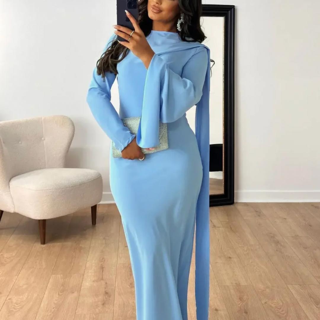 Elegant Maxi Gown | Draped Sleeve & High Neck | Modest Formal Evening Dress